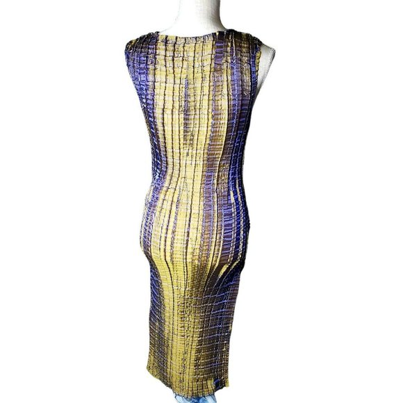 Accordion Pleated Sheath Dress M Color Change Iridescent 90s Gold Green Purple - Picture 2 of 10